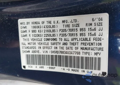 2004 Honda Cr-V Ex из США, поврежденный, VIN SHSRD78834U247768